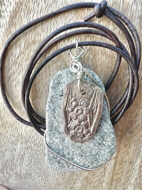 Handmade Wrapped Beach Stone & Vintage Silverware Necklace Adjustable Leather